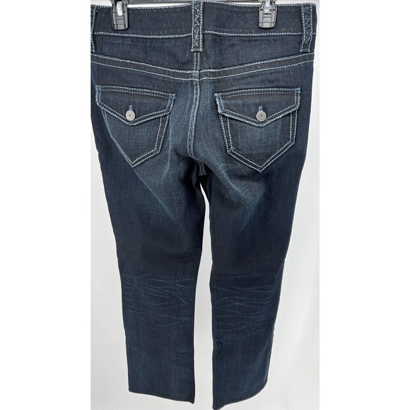 Womens Designer Dark Wash Denim Jeans Light Stitching Flap Pockets Size 10 EUC - Picture 5 of 10